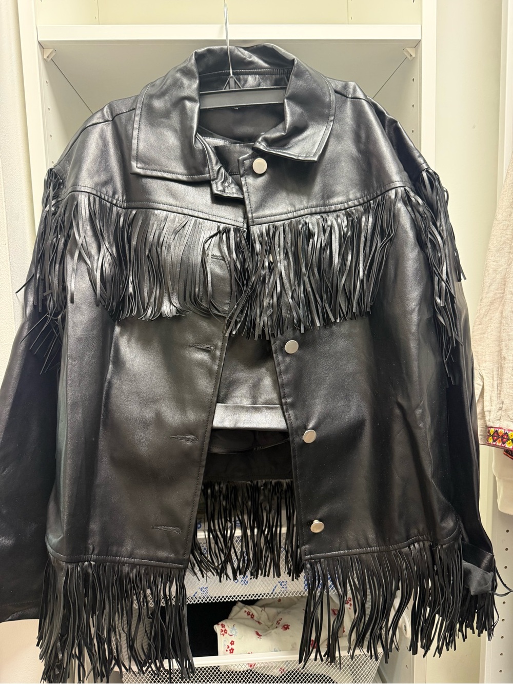 Fringe Trim Black Faux Leather Jacket and shorts - Women's